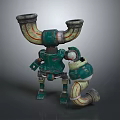 Green Robot With Red Striped Horn Pipes And Green Yellow Striped Creature Companion