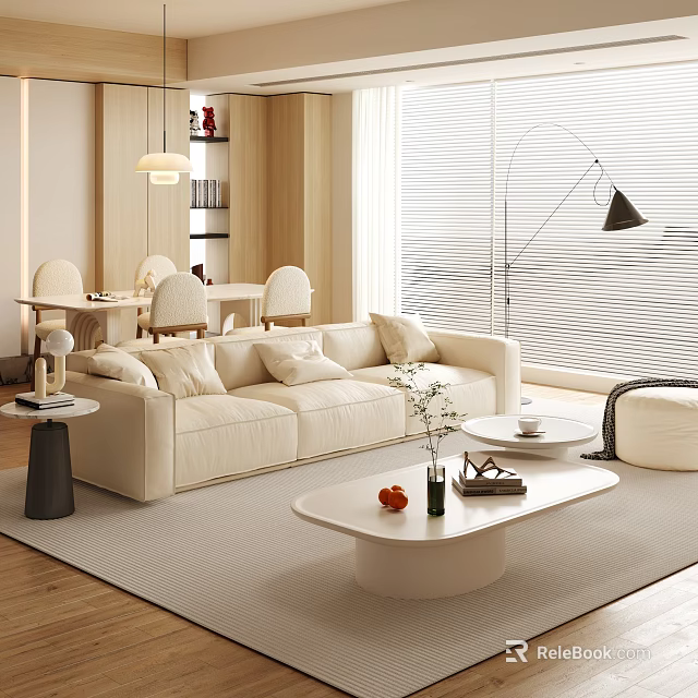 Modern Living Dining Room Interior With Beige Sofa Coffee Table And Dining Chairs Set 3d model