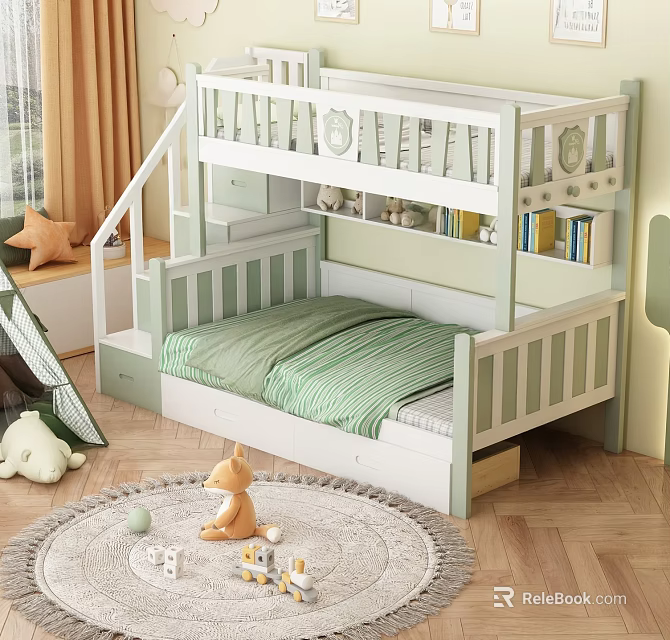 Children's Bunk Bed With Staircase Storage Drawers Curtains And Toys On Soft Rug 3d model 
