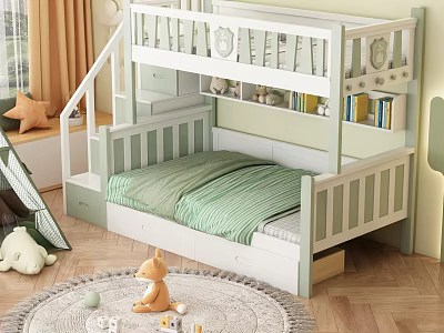 Children's Bunk Bed With Staircase Storage Drawers Curtains And Toys On Soft Rug 3d model