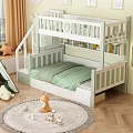 Children's Bunk Bed With Staircase Storage Drawers Curtains And Toys On Soft Rug