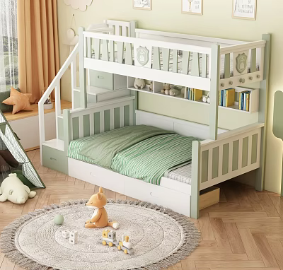 Children's Bunk Bed With Staircase Storage Drawers Curtains And Toys On Soft Rug 3d model