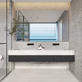 Modern Bathroom Interior With Freestanding Bathtub Glass Shower Enclosure Large Window And Stone Walls