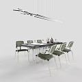 Modern Dining Table Set With Green Chairs Metal Legs And Hanging Light 3d model