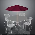 Outdoor Furniture Set With White Round Table Four White Mesh Chairs And Red Umbrella