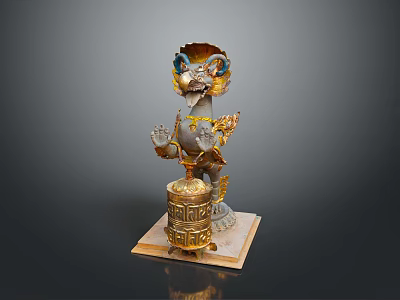 Intricate Mythical Beast Statue With Golden Decorations Blue Details And Square Carved Base 3d model