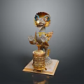 Intricate Mythical Beast Statue With Golden Decorations Blue Details And Square Carved Base