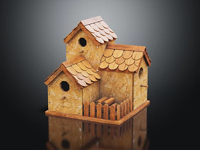 Wooden Two Tiered Birdhouse With Tile Roof Small Fence And Rustic Design 3d model