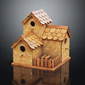 Wooden Two Tiered Birdhouse With Tile Roof Small Fence And Rustic Design