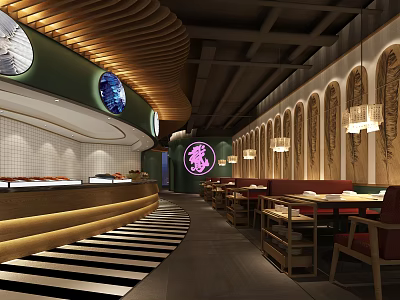 Modern Restaurant Interior Featuring Wooden Ceiling Green Walls And Red Seats On Striped Floor 3d model