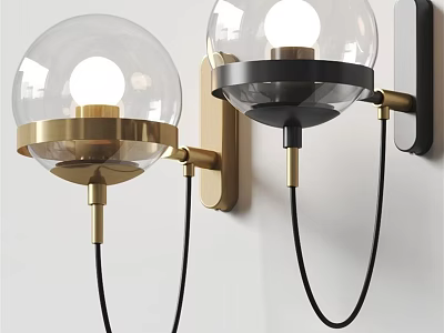 Modern Wall Lights With Glass Globe Shades Gold Black Metal Brackets Mounted On Wall 3d model