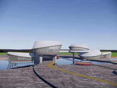 Modern Cultural Center Building with Streamlined White Roofs Surrounded by Water Pool and Pathway 3d model