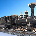 Vintage Black Steam Train with Gold Accents and Carriages on Railway Tracks Against Blue Sky
