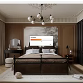 Elegant Bedroom Interior With Brown Walls Ornate Chandelier Double Bed And Black Wardrobes