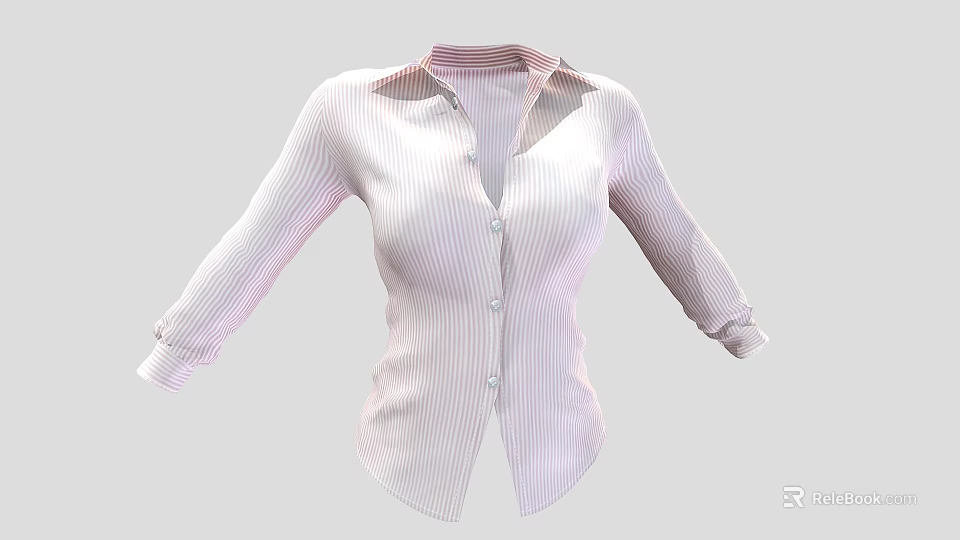 Pink And White Striped Collared Long Sleeved Shirt With Buttoned Front And Cuffed Sleeves 3d model 