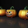 Golden Pumpkin Decorative Ornament Set With Cartoon Faces On Black Background