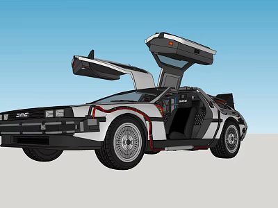 Iconic Black And White Car With Open Gull Wing Doors And Retro Futuristic Design 3d model