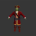 Man In Red Pirate Costume With Yellow Trim Hat Brown Belt And Boots