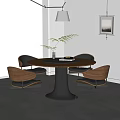 Modern Minimalist Round Table and Chair Set with Wooden Top Black Base and Leather Seats