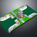 Natural Landscape Model With Green Grass Building And Curved Pathways Design