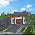 Chinese Ancient Architecture With Traditional Roof Red Doors And Stone Steps Under Blue Sky