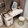 White Modern Dressing Table With Gold Legs Backlit Mirror And Geometric Stool 3d model