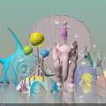 Enchanting Art Installation With Pink Elephant Girl Standing On Large Seashell And Colorful Spherical Decorations