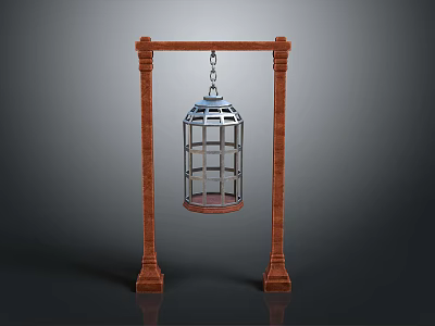 Classic Ornate Lantern Hanging Between Two Brown Decorative Pillars Structure 3d model
