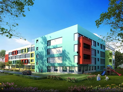 Colorful School Building with Green Lawn and Trees and Children Playing on Slide 3d model