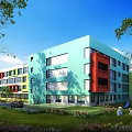 Colorful School Building with Green Lawn and Trees and Children Playing on Slide