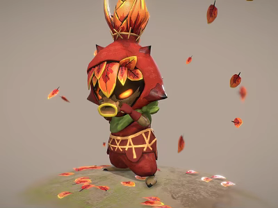 Game Movie Character In Red Leaf Decorated Costume With Flame Headpiece And Falling Red Leaves 3d model