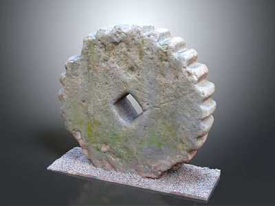 Ancient Mossy Stone Gear Artifact With Square Hole And Toothed Edges On Gravel Base 3d model