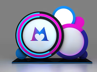3D Logo Design Featuring M Letter And Heart Symbol With Colorful Circular Rings 3d model