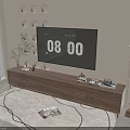 Living Room Modern Wooden TV Stand with Wall TV Circular Decorations Floor Lamp and Rug