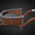 3D Model of Vintage Wooden Cart With Metal Frame and Gray Seat Structure