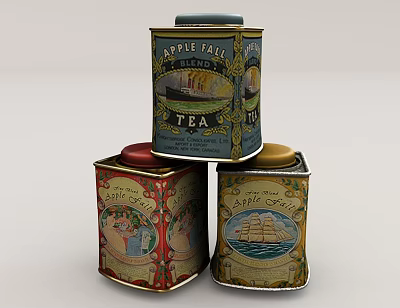 Colorful Vintage Kitchen Tea Tins With Sailing Ship Designs And Red Gold Lids 3d model Colorful Vintage Kitchen Tea Tins With Sailing Ship Designs And Red Gold Lids 3d model