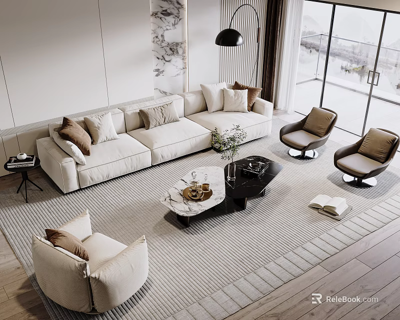 Modern Beige Sofa Coffee Table Set With Pillows Marble Top And Armchairs In Living Room 3d model 