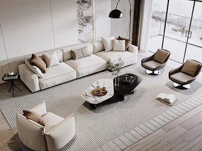 Modern Beige Sofa Coffee Table Set With Pillows Marble Top And Armchairs In Living Room 3d model