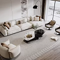 Modern Beige Sofa Coffee Table Set With Pillows Marble Top And Armchairs In Living Room