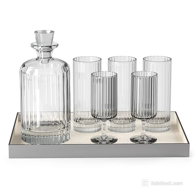Transparent Striped Glass Cups With Decanter On Tray For Home Dining Use 3d model 