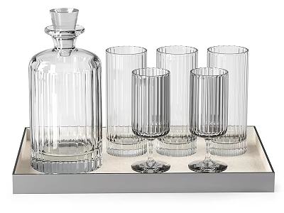 Transparent Striped Glass Cups With Decanter On Tray For Home Dining Use 3d model