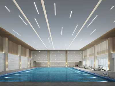 Spacious Modern Indoor Swimming Pool With Bright Ceiling Lights And Lounge Chairs 3d model