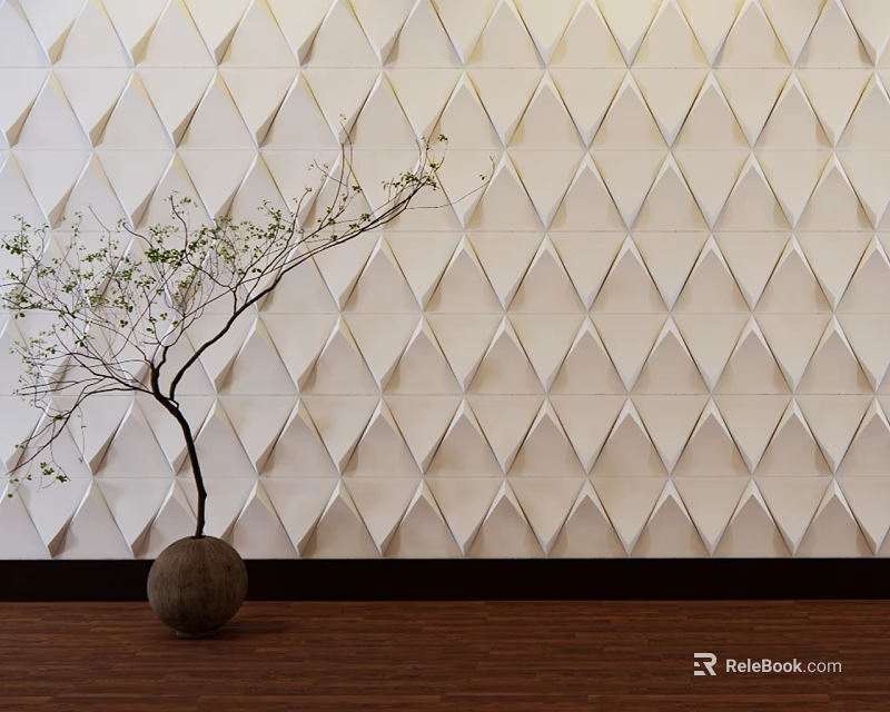 Modern Bed Accent Wall With Diamond Pattern And Potted Plant 3d model 