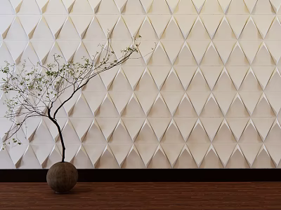 Modern Bed Accent Wall With Diamond Pattern And Potted Plant 3d model