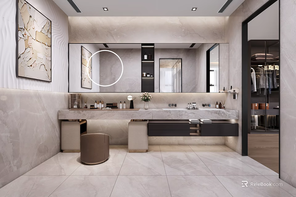 Modern Bathroom Interior Design With Marble Double Vanity Round Mirror And Tiled Floor 3d model 