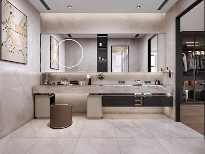 Modern Bathroom Interior Design With Marble Double Vanity Round Mirror And Tiled Floor 3d model
