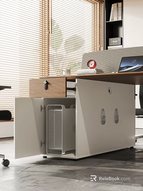 Modern Office Desk With Window Blinds Red Clock Laptop Wooden Drawer And Metal Cabinet 3d model 