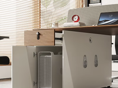 Modern Office Desk With Window Blinds Red Clock Laptop Wooden Drawer And Metal Cabinet 3d model