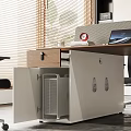 Modern Office Desk With Window Blinds Red Clock Laptop Wooden Drawer And Metal Cabinet