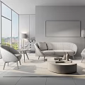 Modern Sofa and Coffee Table Set with White Curved Sofa Gray Armchairs Geometric Wall Art